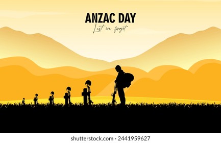 Vector illustration of beauty landscape. Remembrance day symbol. Lest we forget. Anzac day background with australian soldier and beauty landscape.