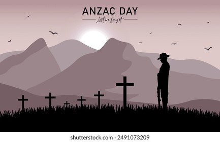 Vector illustration of beauty landscape. Remembrance day symbol. Lest we forget. Anzac day background with soldier.