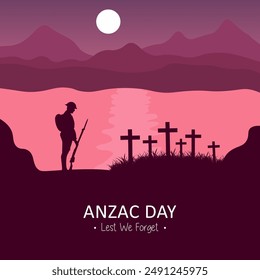 Vector illustration of beauty landscape. Remembrance day symbol. Lest we forget. Anzac day background with soldier.