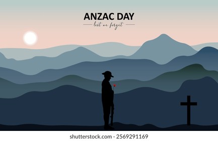 Vector illustration of beauty landscape. Remembrance day symbol. Lest we forget. Anzac day background with soldier.