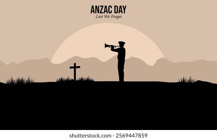 Vector illustration of beauty landscape. Remembrance day symbol. Lest we forget. Anzac day background with soldier.