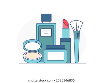 Vector illustration for beauty and makeup essentials. A hand-drawn icon set featuring skincare cream, makeup brush, perfume, lipstick, and compact powder.