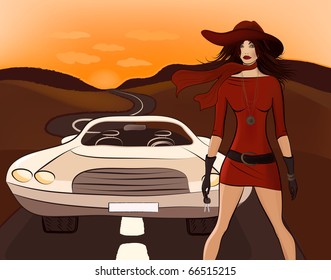 Vector illustration with beauty model and car