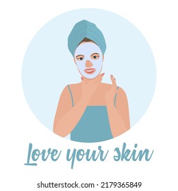 Vector illustration Beauty procedures at home. Woman with sheet mask on her face. Girl applying facial mask. Taking care of skin by mask. Skin care. Moisture. Beauty Routine. Natural Organic Cosmetic