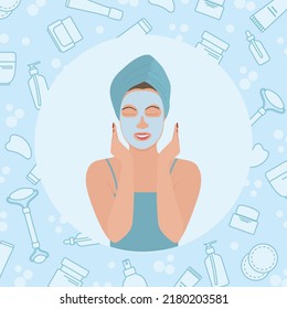 Vector illustration Beauty procedures at home. Woman with sheet mask on her face. Girl applying facial mask. Taking care of skin by mask. Skin care. Moisture. Beauty Routine. Natural Organic Cosmetic