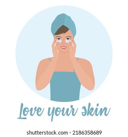 Vector illustration Beauty procedures at home. Woman with eye pads. Girl applies collagen and hyaluronic acid eye patches for skin care. Taking care of skin. Moisture. Beauty Routine. Natural Organic