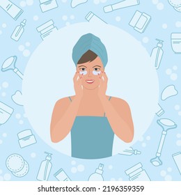 Vector illustration Beauty procedures at home. Woman with eye pads. Girl applies collagen and hyaluronic acid eye patches for skin care. Taking care of skin. Moisture. Beauty Routine. Natural Organic