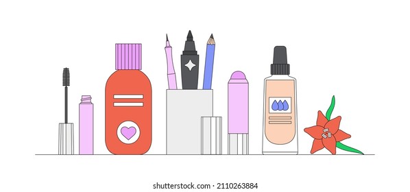 Vector illustration with beauty products, tropical flower and candle. Online shopping, Korean cosmetics. Daily beauty routine. Can be used be used in articles, banners, social media publications etc.