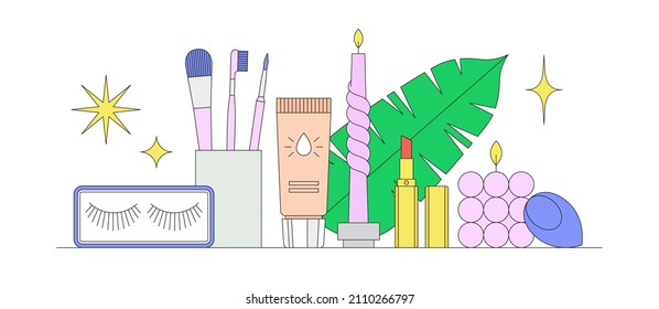 Vector illustration with beauty products, tropical leaf and candle. Online shopping, Korean cosmetics. Daily beauty routine. Can be used be used in articles, banners, social media publications etc.