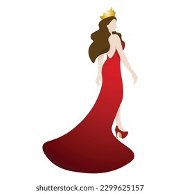 Vector illustration of a beauty queen in dark red evening gown on white background