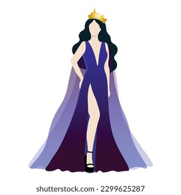 Vector illustration of a beauty queen in dark blue and purple evening gown on white background