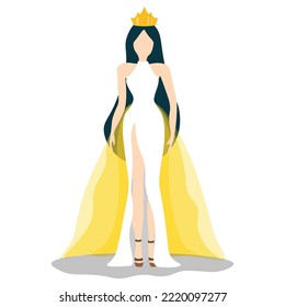 Vector illustration of a beauty queen in elegant white evening gown on white background