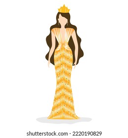 Ilustración vectorial de una reina de belleza en elegante vestido dorado de noche sobre fondo blanco