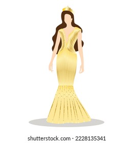 Ilustración vectorial de una reina de belleza en elegante vestido dorado de noche sobre fondo blanco