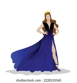Vector illustration of a beauty queen in elegant evening gown in dark blue tone on white background