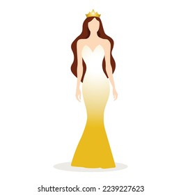 Ilustración vectorial de una reina de belleza en elegante vestido dorado de noche sobre fondo blanco
