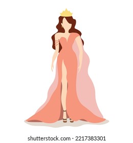 Ilustración vectorial de una reina de belleza con vestido suave naranja de noche sobre fondo blanco