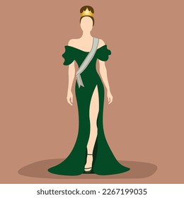 Vector illustration of a beauty queens in elegant green evening gown on brown background