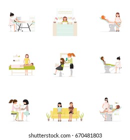 Vector illustration of beauty salon spa service. Woman gets spa therapy from cosmetologist. Isolated on white background. Manicure, massage, stone therapy, hair styling in flat style.