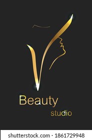Vector illustration Beauty studio on the background of a female silhouette as a logo and brand design template. Emblem for beauty and cosmetics studio. Makeup artist icon. Fashion.