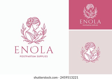 Vector illustration of Beauty Woman as a Mother figure with a baby and floral for Newborn Love Affection or Postpartum logo design