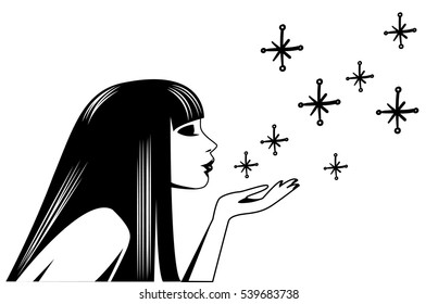 Vector illustration of a beauty woman silhouette with snow