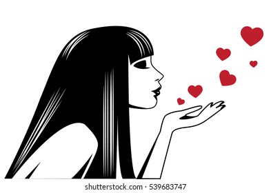 Vector illustration of a beauty woman silhouette with kisses