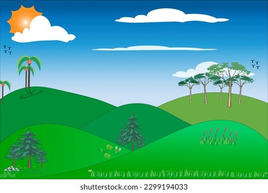 Vector illustration of Beautyful summer land with with a dawn, green hills,  blue sky country background in plat cartoon type banner 