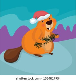 Vector illustration of beaver with Christmas tree and wearing santa hat, flat illustration