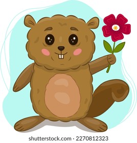 Vector illustration of a beaver with a flower. Cartoon character for Birthday and Valentine's Day. Template for greeting cards, birthday greetings, Internet,mobile devices and infographics.A talisman.