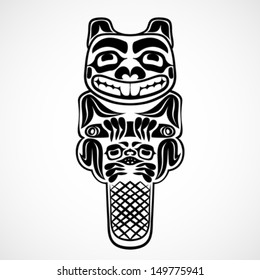 Vector Illustration Of A Beaver Holding Piece Of Wood, The Animal Is One Of Canadian National Symbols. Modern Stylization Of North American Native Art In Black And White.