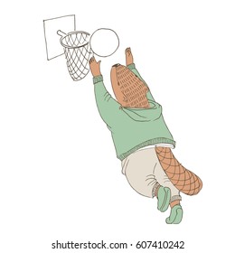 Vector illustration. Beaver in a jacket and pants plays basketball