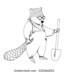 Vector illustration of the beaver like human in working  jumpsuit  holding a shovel for coloring book