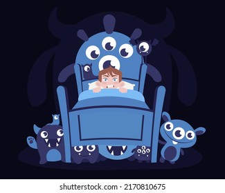 Vector illustration of bed with a boy. Cartoons look at the fear of childhood when you are surrounded by monsters.