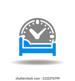 Vector illustration of bed with clock. Icon of time sleep. Symbol of regular sleeping procedure.