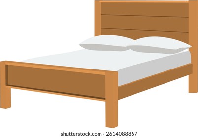 vector illustration of a bed in a hotel room.A wooden bed with a white sheet and two pillows on it