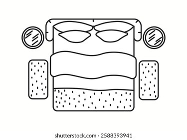 Vector illustration of a bed with a minimalistic and stylish design seen from a top view, including decorative pillows and side mirrors. Ideal for interior design and architecture planning.