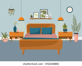 Vector illustration of a bedroom. Bed and bedside tables, decor from home plants, posters and candles. Flat design illustration.