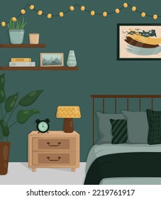 Vektorgrafik von Schlafzimmer, Bett, Nachttisch und Regalen