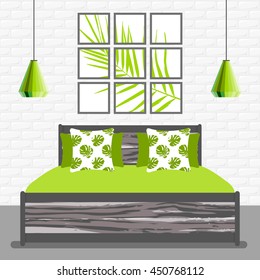 Vector illustration with bedroom in flat style on brick wall background