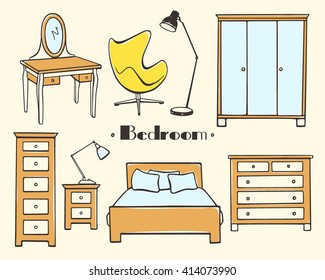 Vector illustration of bedroom furniture. Hand drawn furniture set made in linear style. Beautiful design elements, perfect for any business related to the furniture industry.