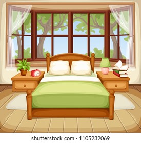 Vector illustration of a bedroom interior with a bed and a big window.