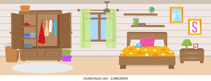 Vector illustration of a bedroom interior with a bed, wardrobe and windows.