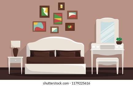 Vector illustration of bedroom interior with bed and trellis. Room in brown colors.
