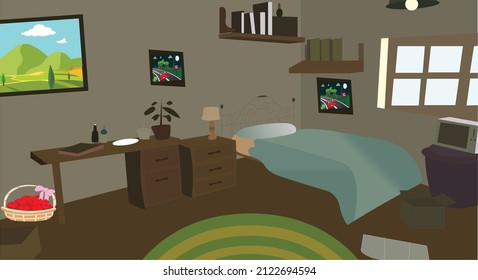 Ilustración vectorial del interior de una habitación con cama, habitación de dibujos animados imagen vectorial de fondo interior