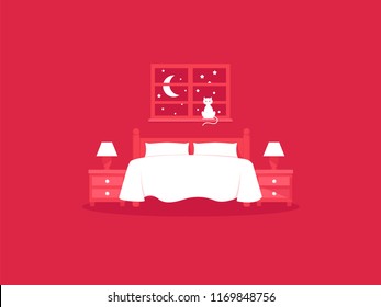 Vector Illustration Of Bedroom Interior. Clipart Of Bed, Cat On The Shelf And With Moon In Sky. Trend Modern Flat Pseudo Volume Style. Night Starry Sky.