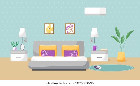 Vector illustration of a bedroom. The interior is painted in flat style. Cozy room with a comfortable bed, modern bedside tables, flowers, paintings on the wall, air conditioning, slippers on carpet