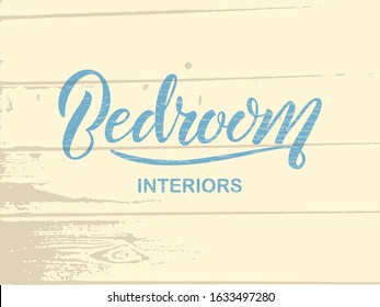 Vector illustration of bedroom interiors lettering for banner, poster, logo, advertisement, price list, web design. Handwritten text for template, signage, billboard, print, flyer of furniture shop
