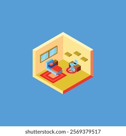 a vector illustration of a bedroom layout with a study table and laptop