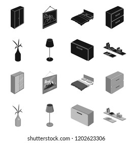 Vector illustration of bedroom and room icon. Set of bedroom and furniture vector icon for stock.